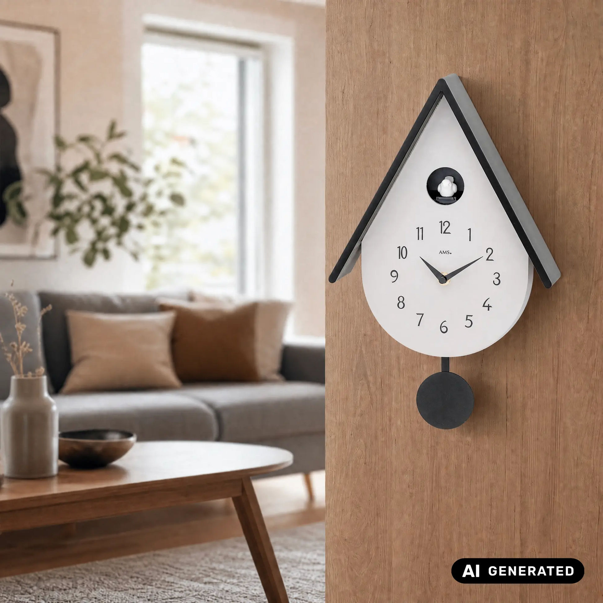 Holz-Wanduhr im Kuckucksdesign, weißes Ziffernblatt, schwarze Zeiger und Pendel