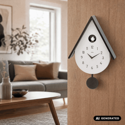 Holz-Wanduhr im Kuckucksdesign, weißes Ziffernblatt, schwarze Zeiger und Pendel