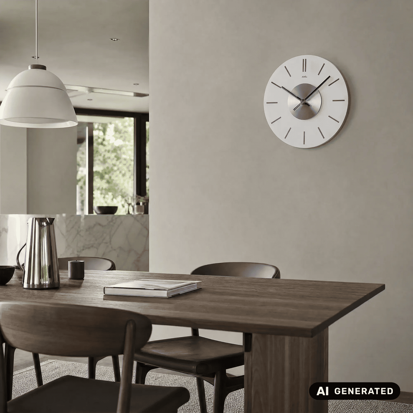 Runde Wanduhr mit weißem Zifferblatt, silbernem Zentrum und schwarzen Zeigern