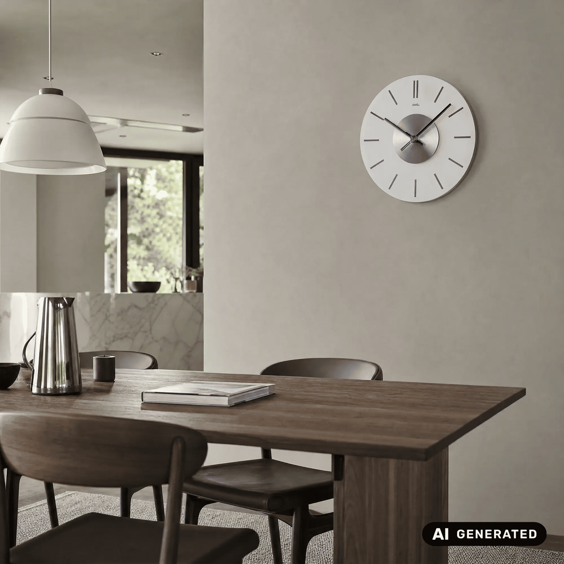 Runde Wanduhr mit weißem Zifferblatt, silbernem Zentrum und schwarzen Zeigern