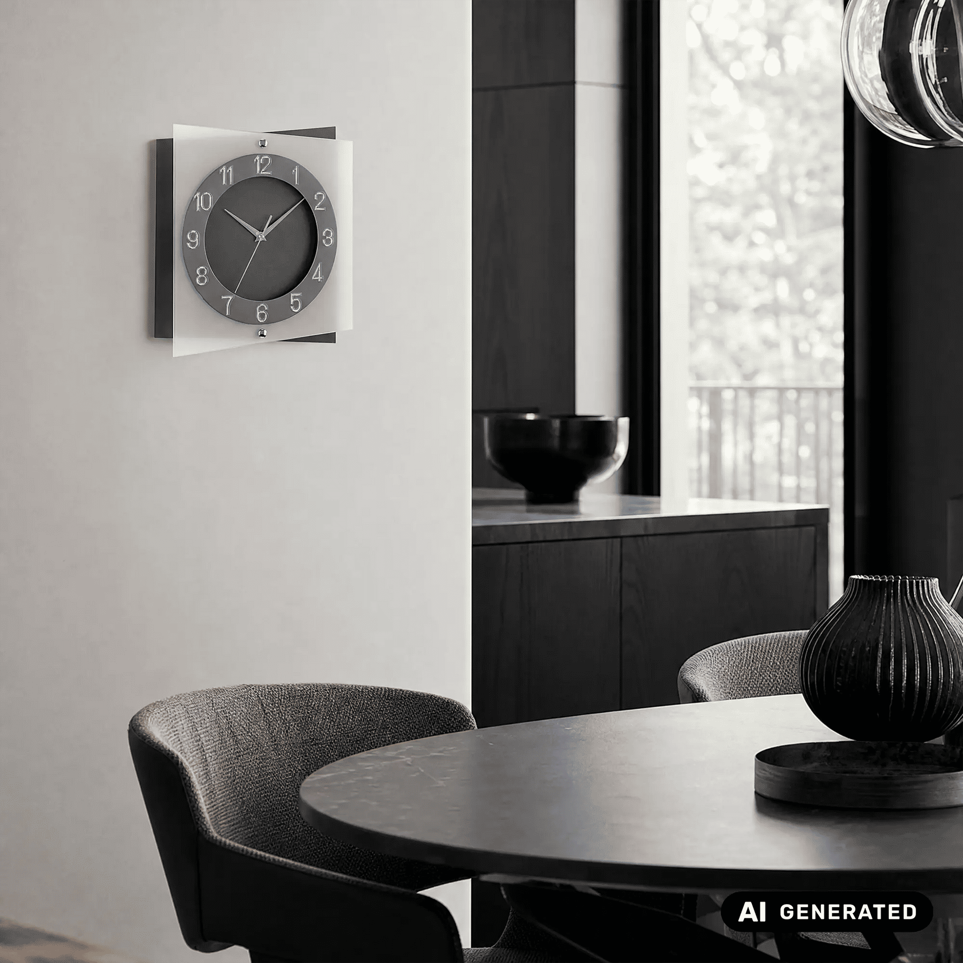 Wanduhr an Wand mit anthrazitfarbenem Ziffernblatt, quadratischem Rahmen, Glasfront