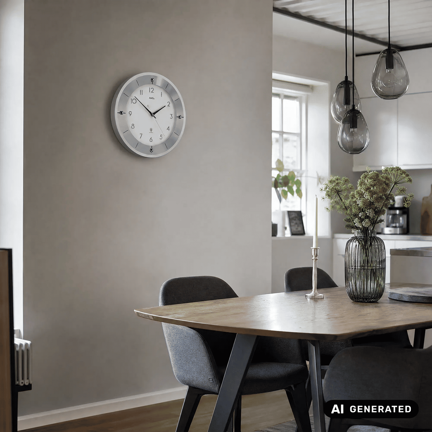 Zegar ścienny AMS W9448 srebrny • Fasetowane szkło mineralne • Szlifowane aluminium