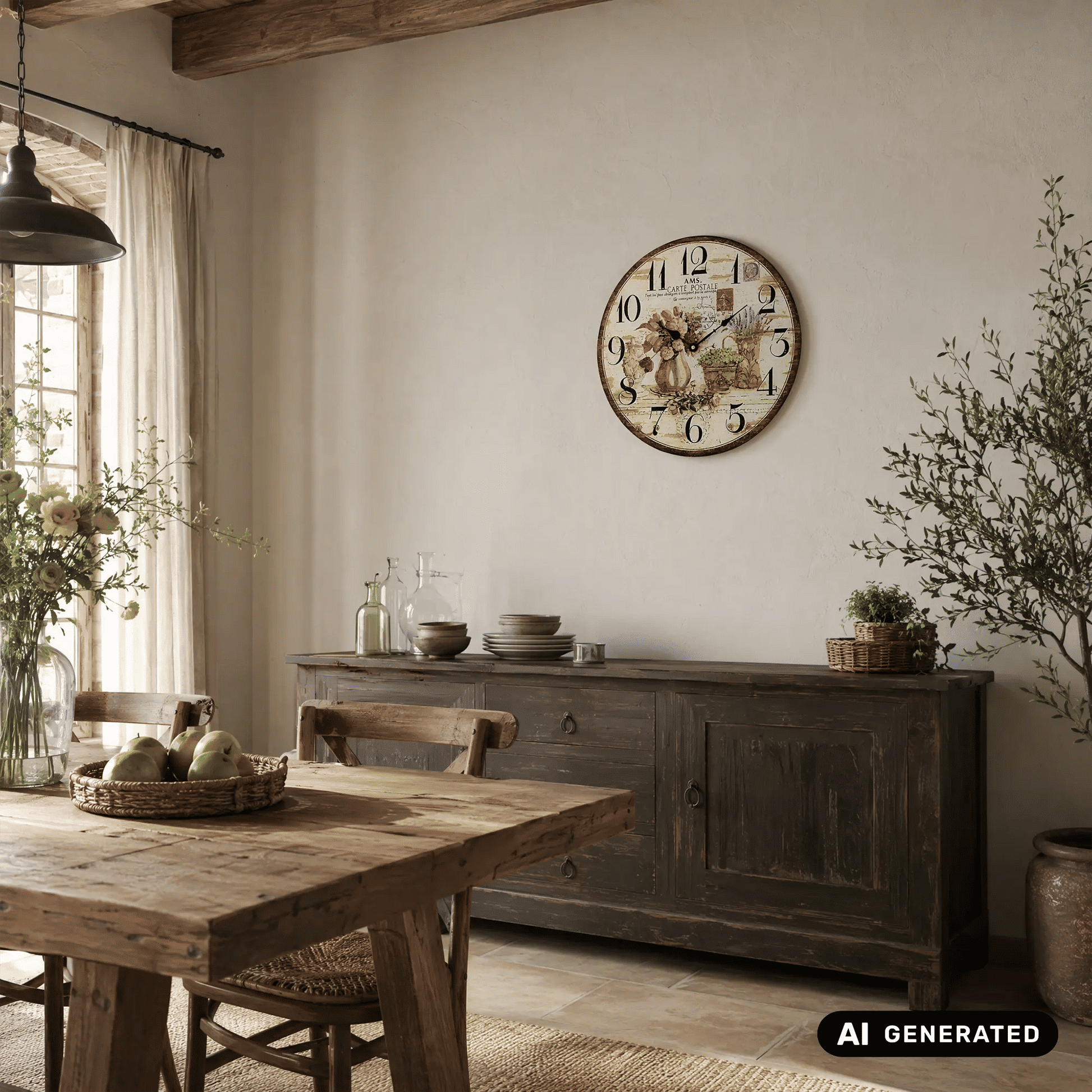 Runde Wanduhr im Vintage-Stil mit Blumen- und Schriftenmotiv auf bedrucktem Mineralglas
