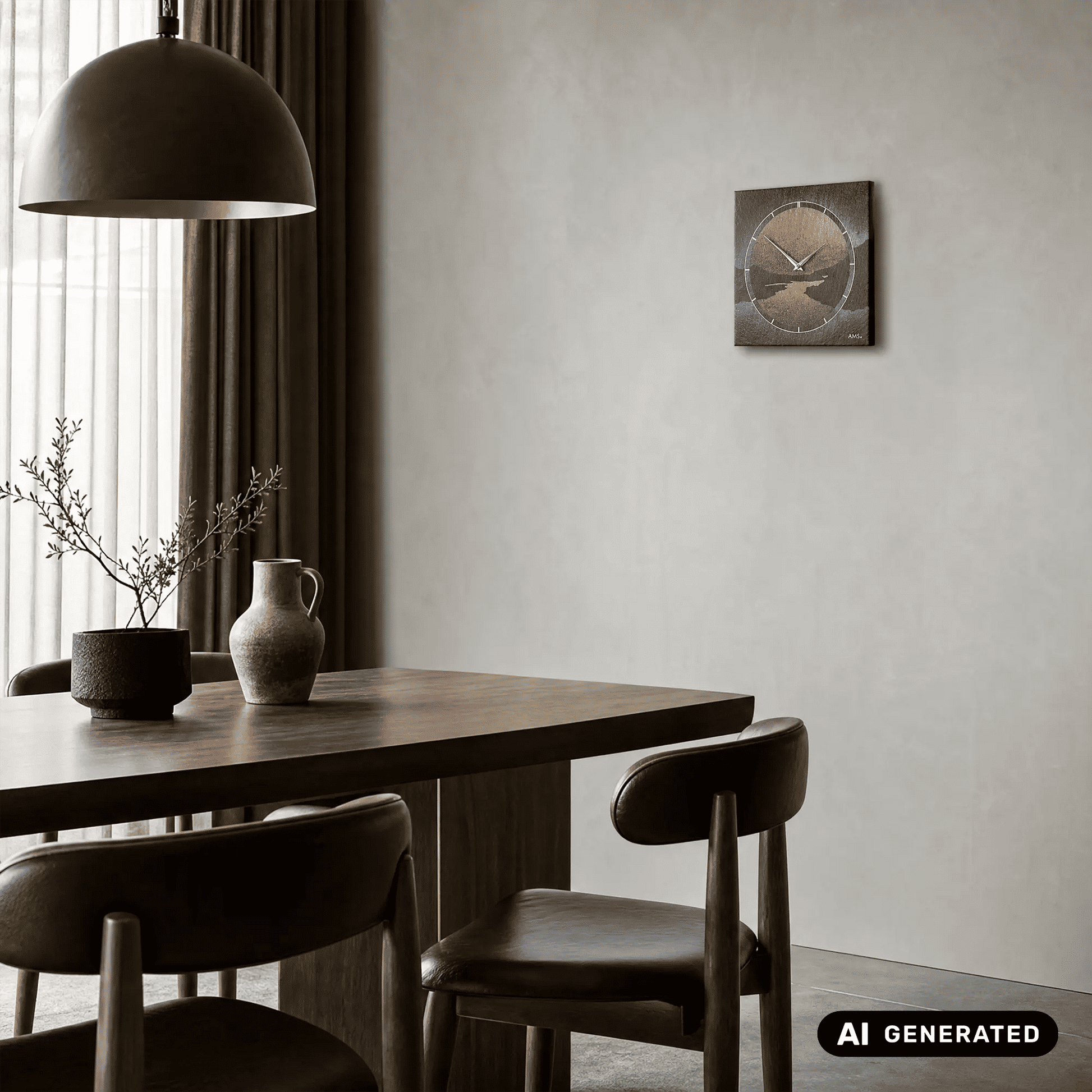 Wanduhr aus Naturschiefer mit rundem Ziffernblatt und Airbrush-Landschaftsmotiv an der Wand