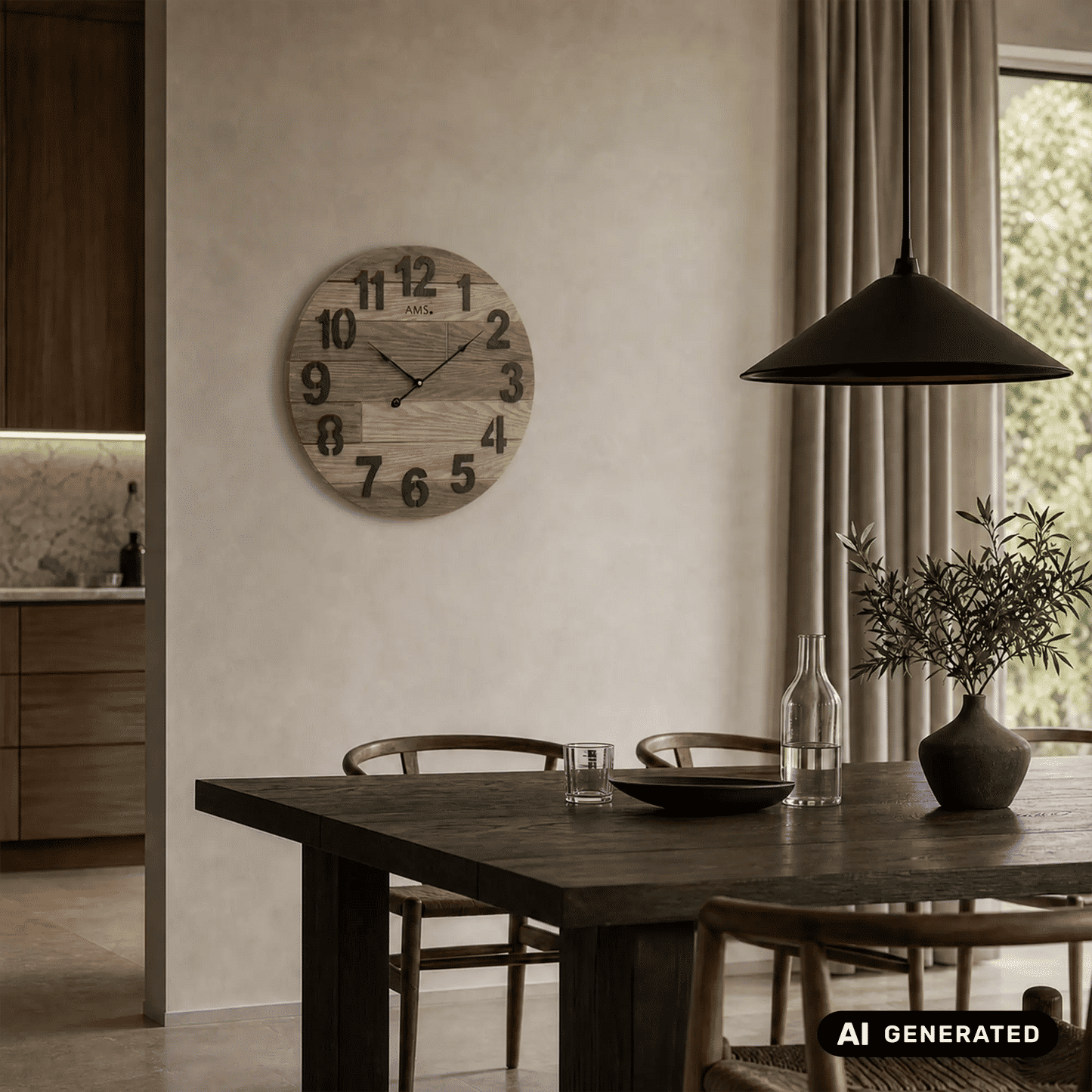 Wanduhr mit Holz-Zifferblatt, aufgesetzten schwarzen Zahlen und Zeigern an der Wand