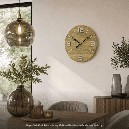Wall clock on the wall: wood-look dial, metal numerals, anthracite hands
