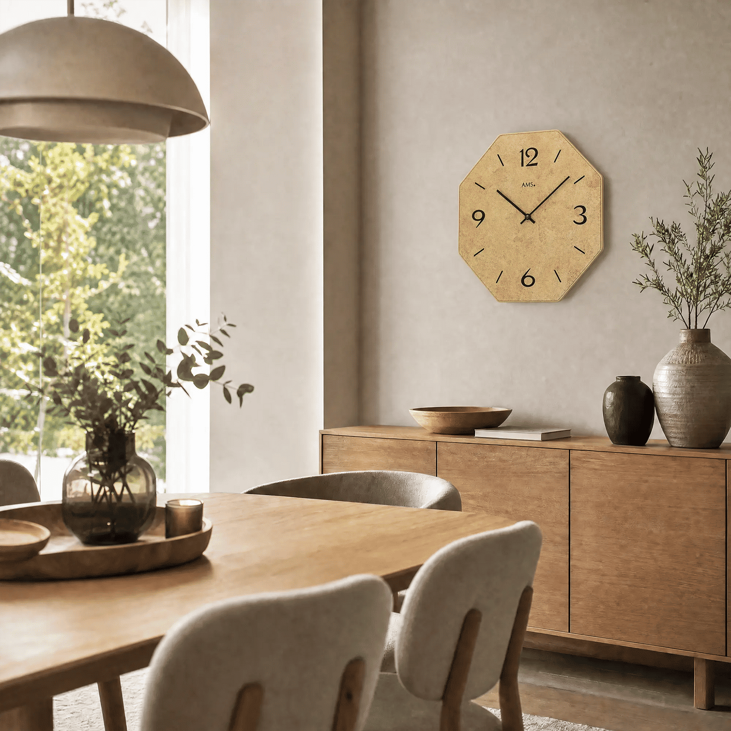 Wall clock with octagonal wooden case, beige dial with black numbers and hands.