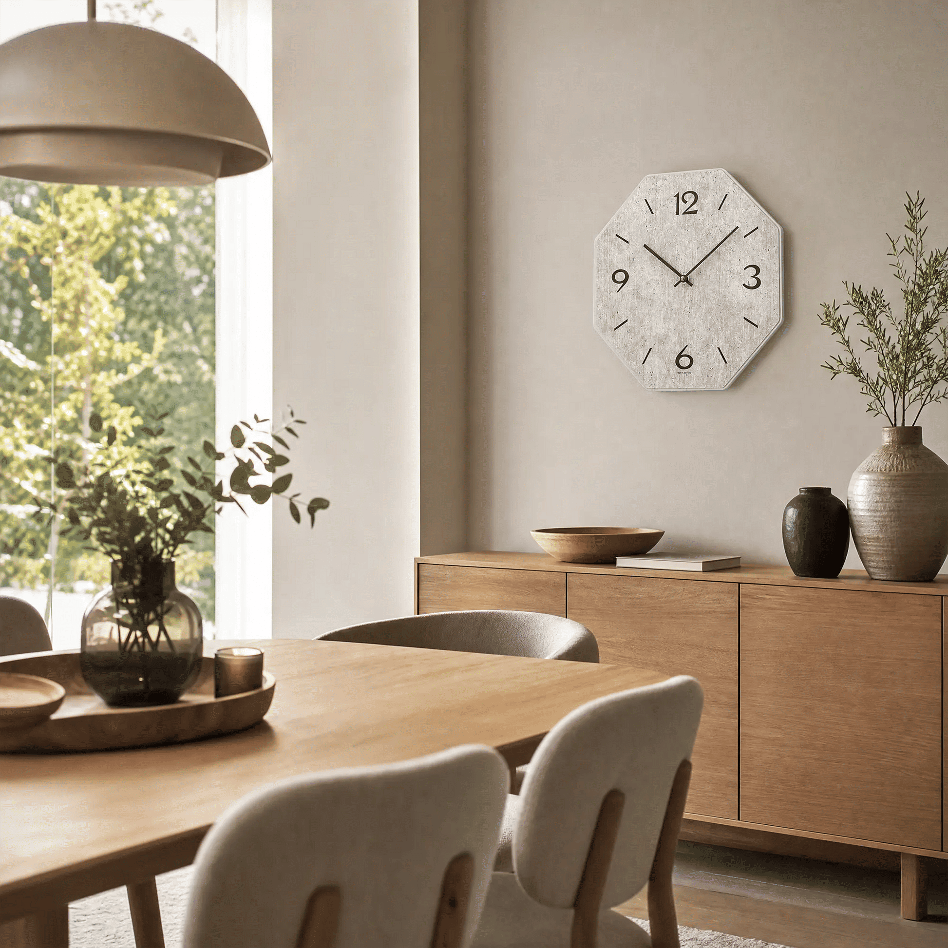 Wall clock on the wall with a gray dial, numbers, and black hands