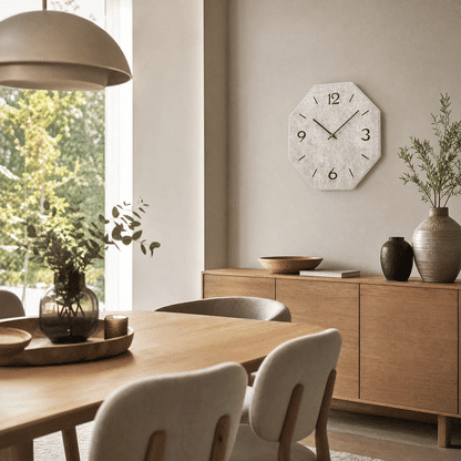 Wall clock on the wall with a gray dial, numbers, and black hands