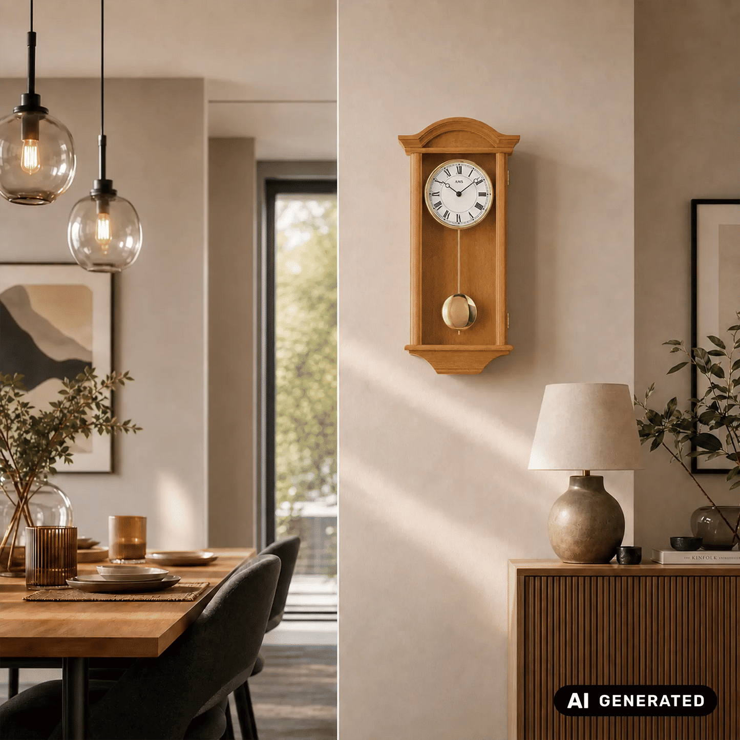 Wanduhr an der Wand, helle Holzoptik, Zifferblatt mit römischen Zahlen und Pendelgewicht