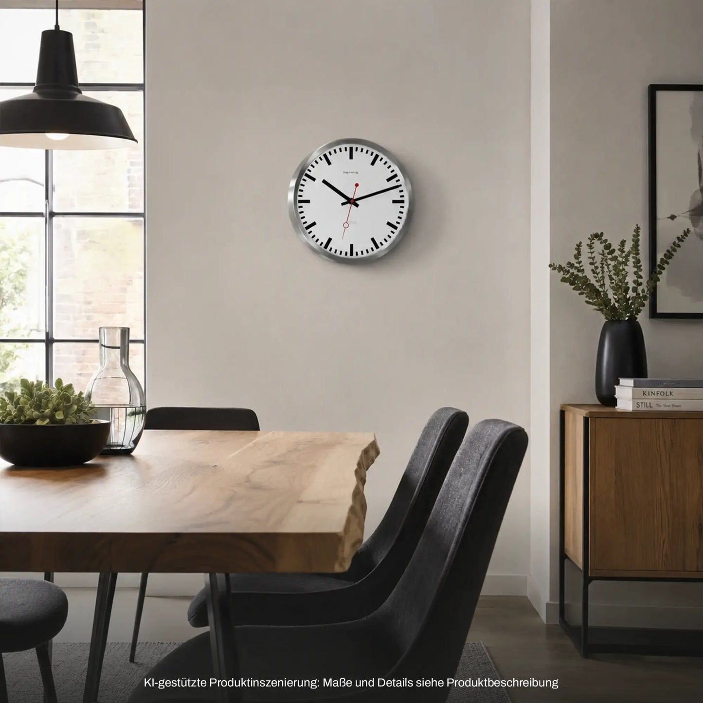 Hermle Wanduhr mit rundem weißem Zifferblatt, silbernem Rahmen und roten Zeigern