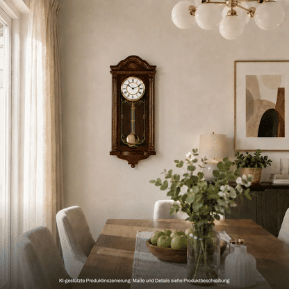 Wanduhr aus dunklem Holz mit Glasfront, Pendel sichtbar und römischem Zifferblatt