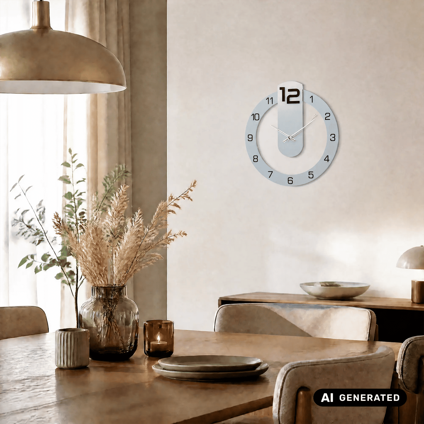 Wanduhr mit rundem hellgrauem Gehäuse, weißem Zifferblatt und Metallzeigern