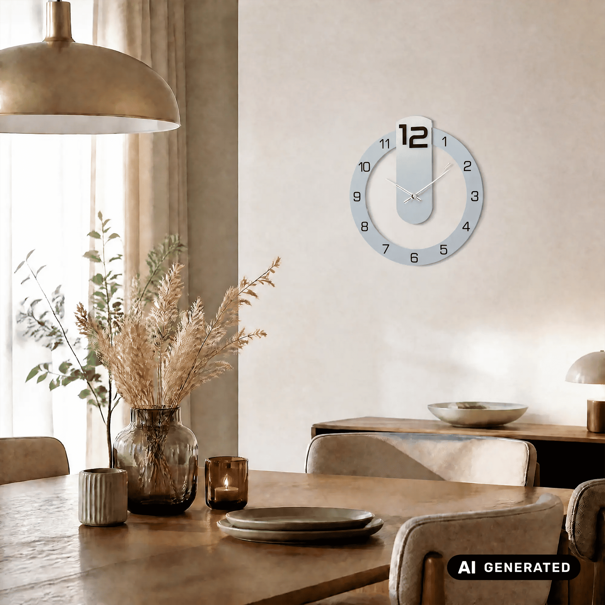 Wanduhr mit rundem hellgrauem Gehäuse, weißem Zifferblatt und Metallzeigern