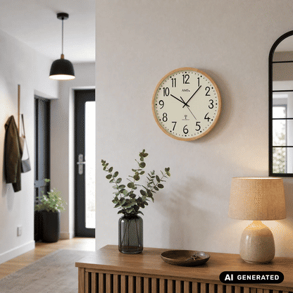 AMS Funk-Wanduhr mit hellem Holzrahmen und beigem Zifferblatt, gut sichtbare Ziffern