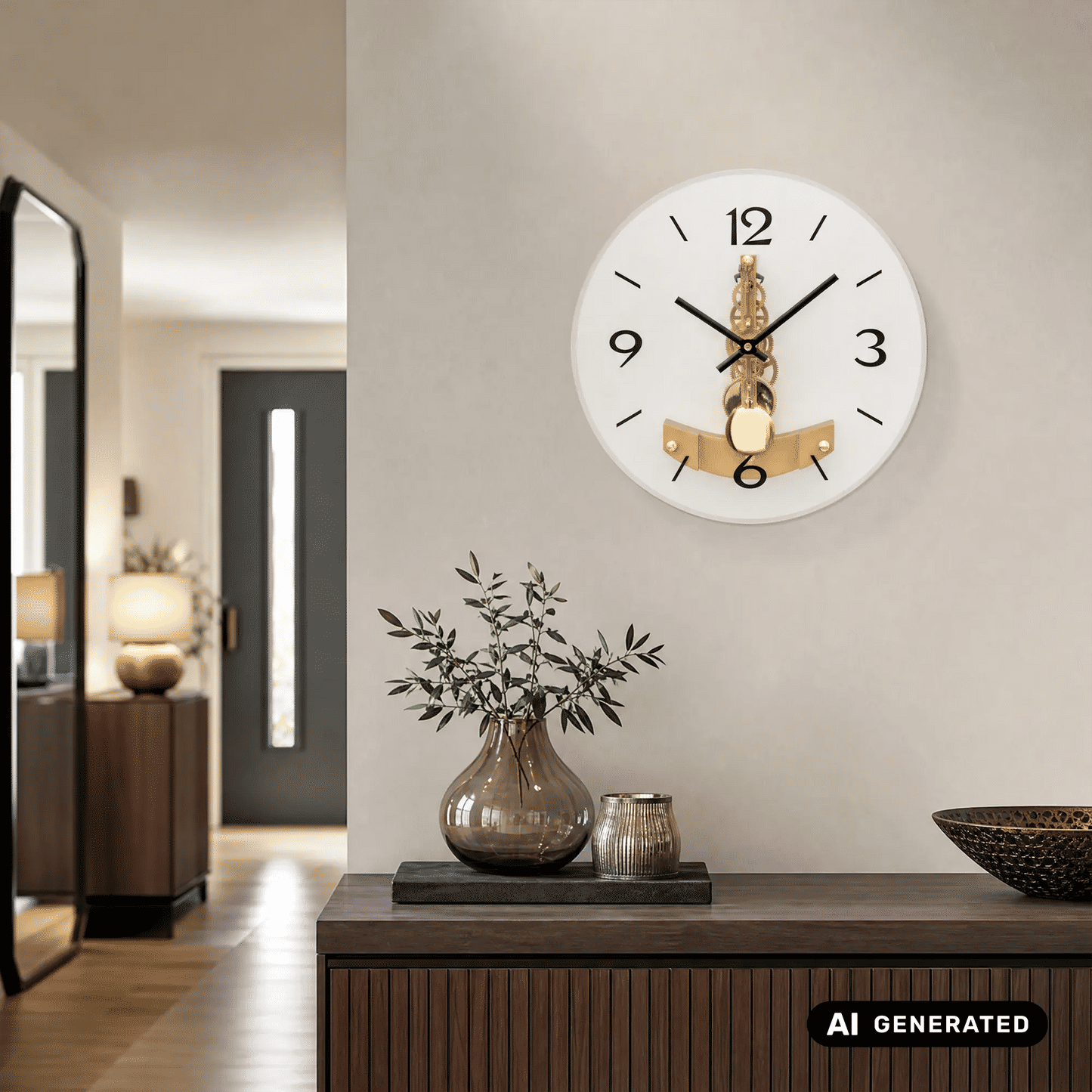 Runde Wanduhr an der Wand mit weißem Zifferblatt, römischen Zahlen und goldfarbenen Zeigern