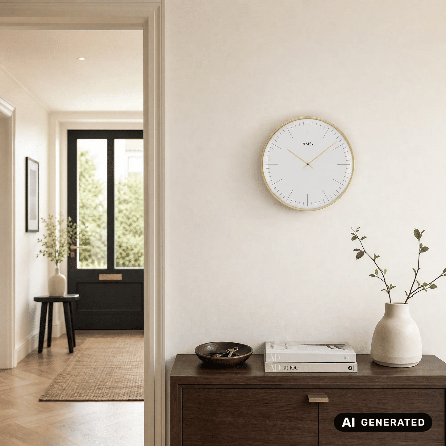 Wanduhr mit weißem Zifferblatt und goldfarbener Einfassung, klar strukturierte Indexstriche