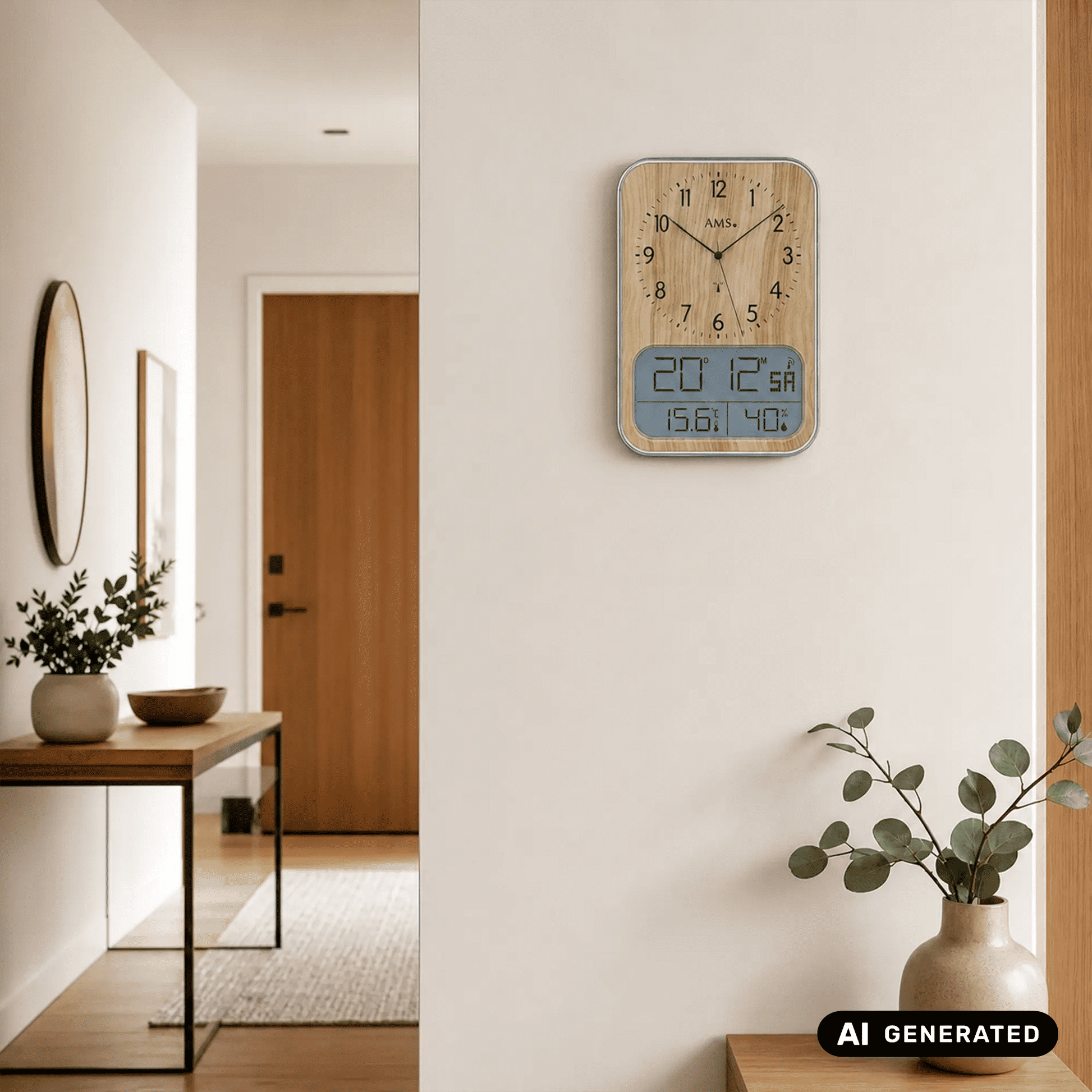 AMS Wanduhr mit Holzgehäuse, analoger Zeitanzeige und digitaler Uhr-/Temperaturanzeige