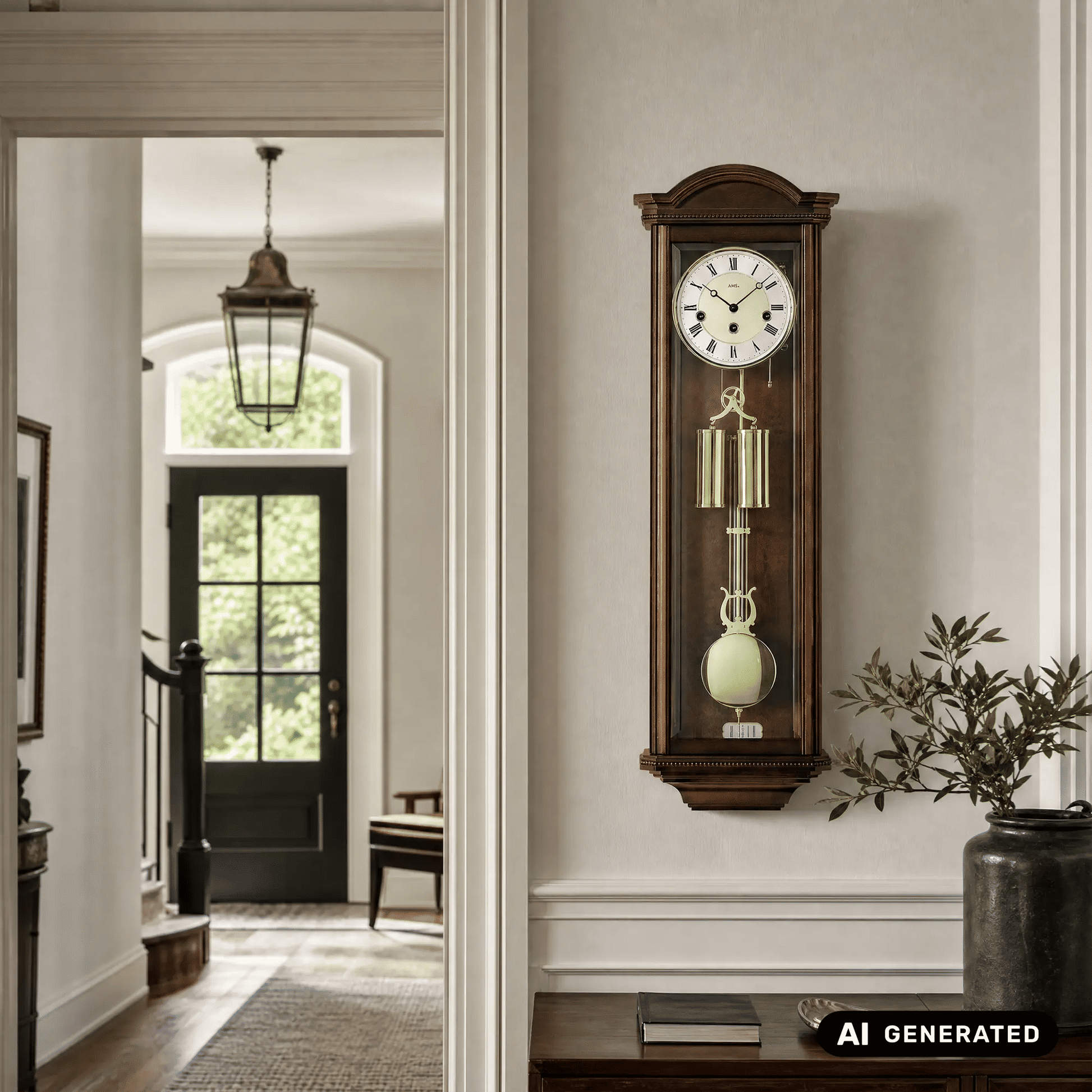 Wanduhr an der Wand im nussbaumfarbenen Gehäuse mit Pendel und römischen Ziffern