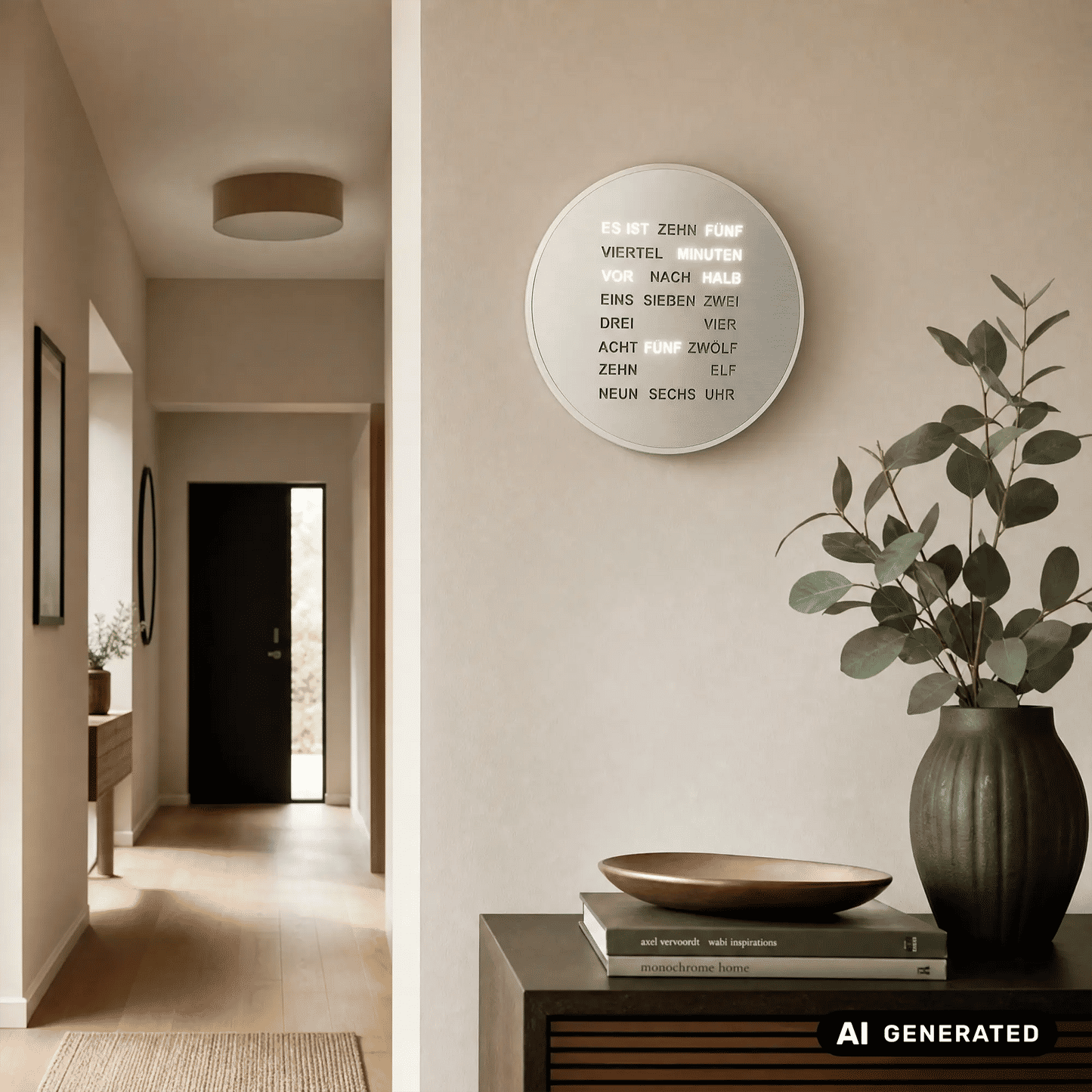 Runde LED-Wortanzeige-Wanduhr in Alu-Optik mit Leuchttext, Wandmontage