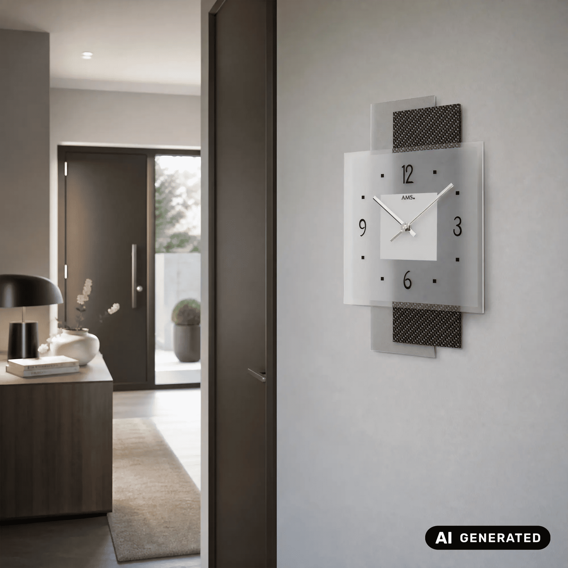 Wanduhr an Wand, weißes Quadrat-Zifferblatt mit schwarzen Zahlen und silbernen Zeigern