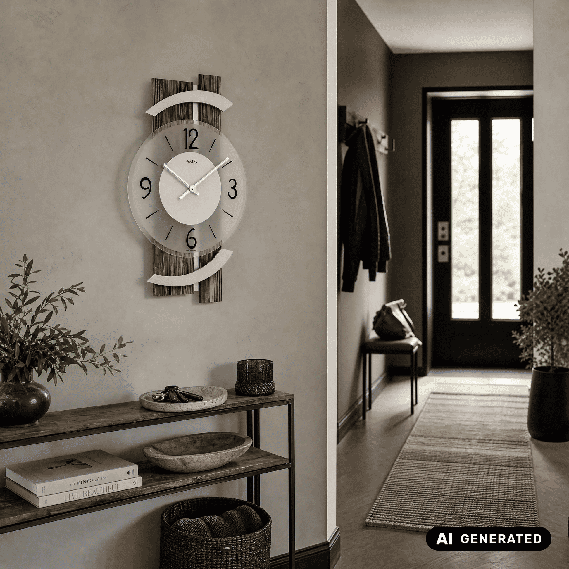 Wanduhr an der Wand: rundes weißes Zifferblatt, Holzrahmen und Aluminiumakzente