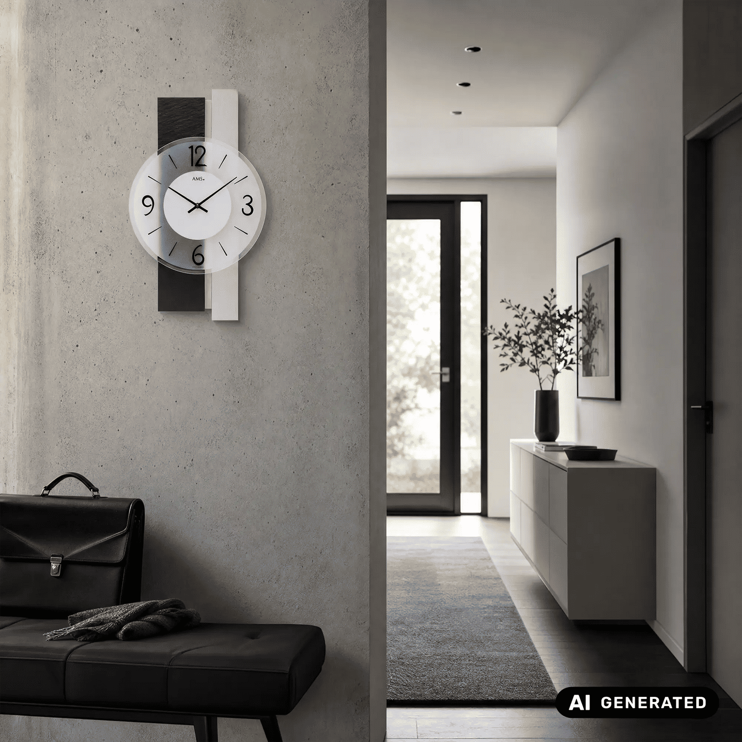 Wanduhr mit rundem Ziffernblatt und schwarzen Zeigern, Schieferpaneel und hellem Aluminiumrahmen