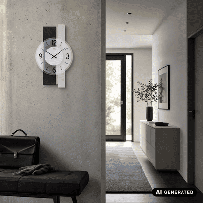 Wanduhr mit rundem Ziffernblatt und schwarzen Zeigern, Schieferpaneel und hellem Aluminiumrahmen