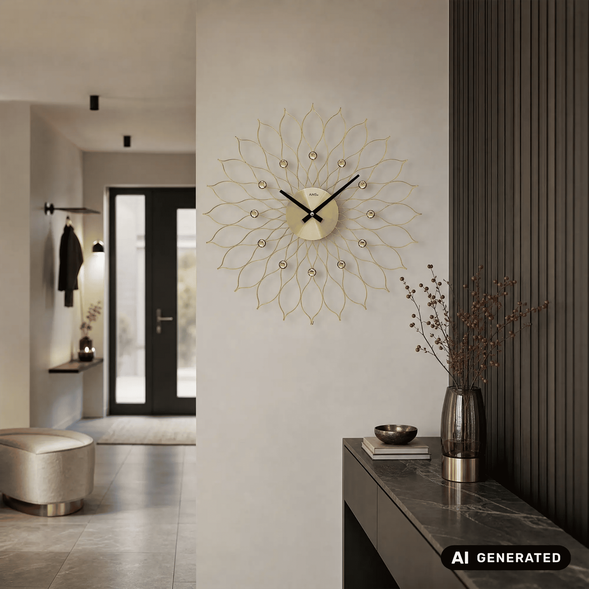 Dekorative Wanduhr: beiges Zifferblatt, schwarze Zeiger, goldene Blatt-Optik mit Applikationen