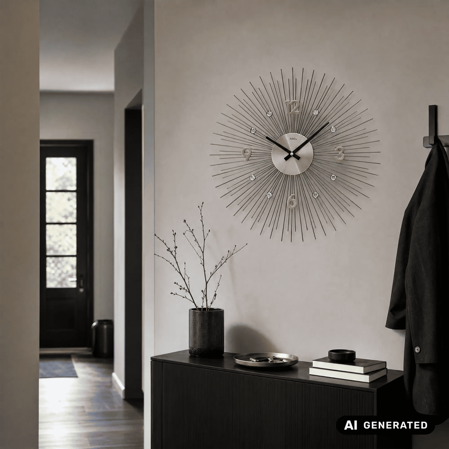 Wanduhr mit radialen Metallstäben, rundem Ziffernblatt und schwarzen Zeigern