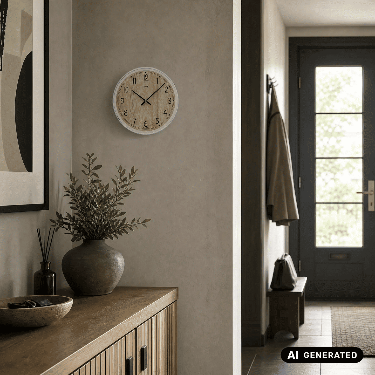 Wanduhr an der Wand mit rundem Holz-Zifferblatt, schwarzen Zeigern und arabischen Zahlen