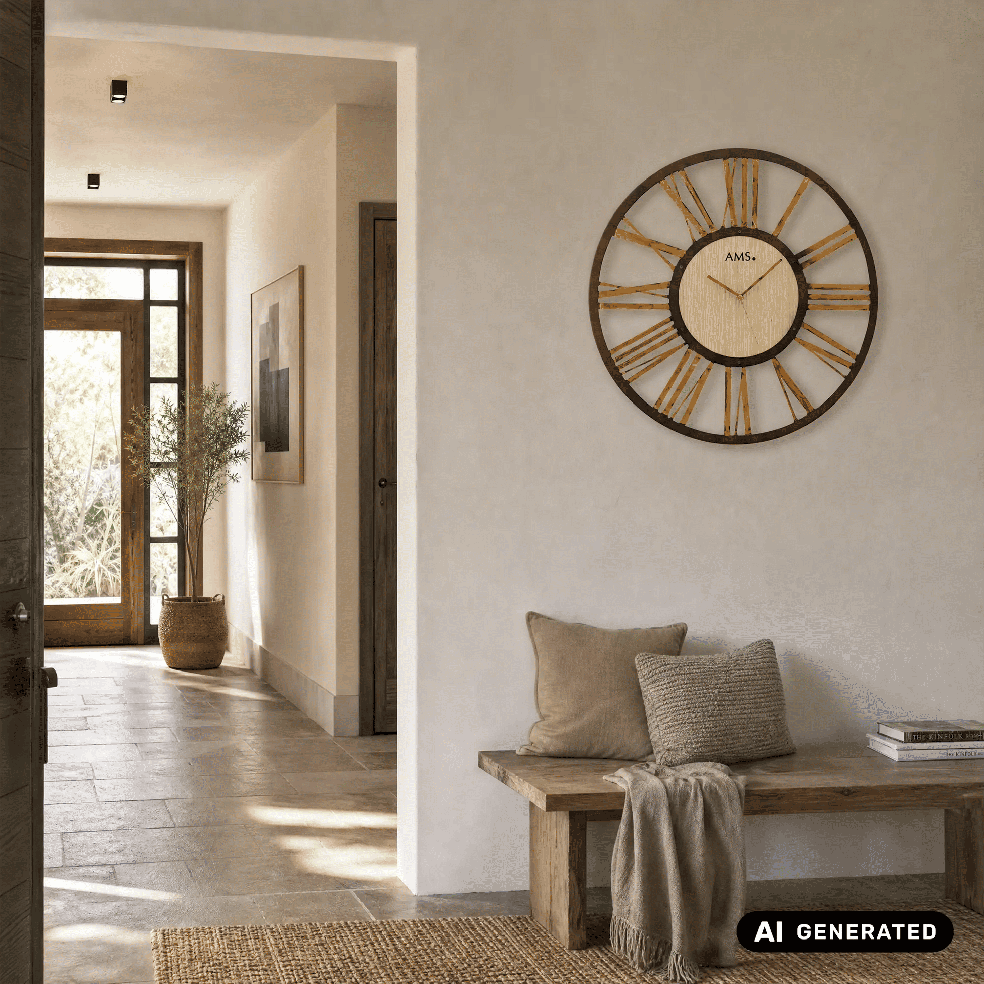 Wanduhr mit Holz-Zifferblatt und Metallring, umgeben von goldfarbenen Strahlen (AMS).