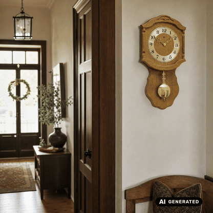 Wanduhr aus Eiche mit Ziffernblatt und goldenem Kugel-Pendel
