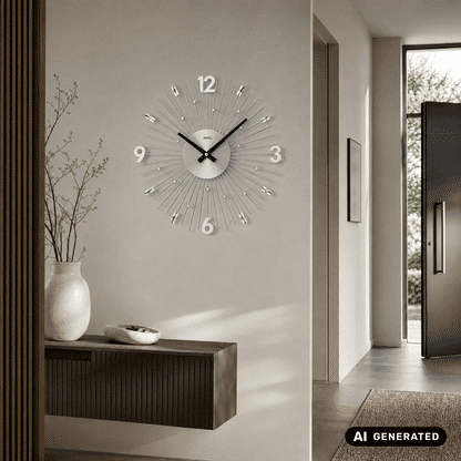 Wanduhr auf grauer Wand, silbernes Zifferblatt mit Metallstäben und schwarzen Zeigern