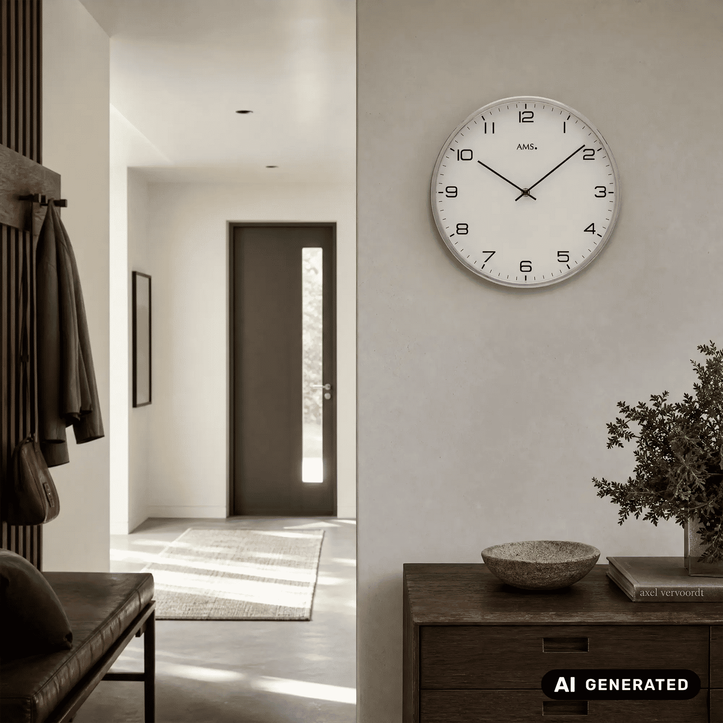Wanduhr an der Wand mit vernickeltem Gehäuse und weißem Zifferblatt, gut lesbaren Ziffern