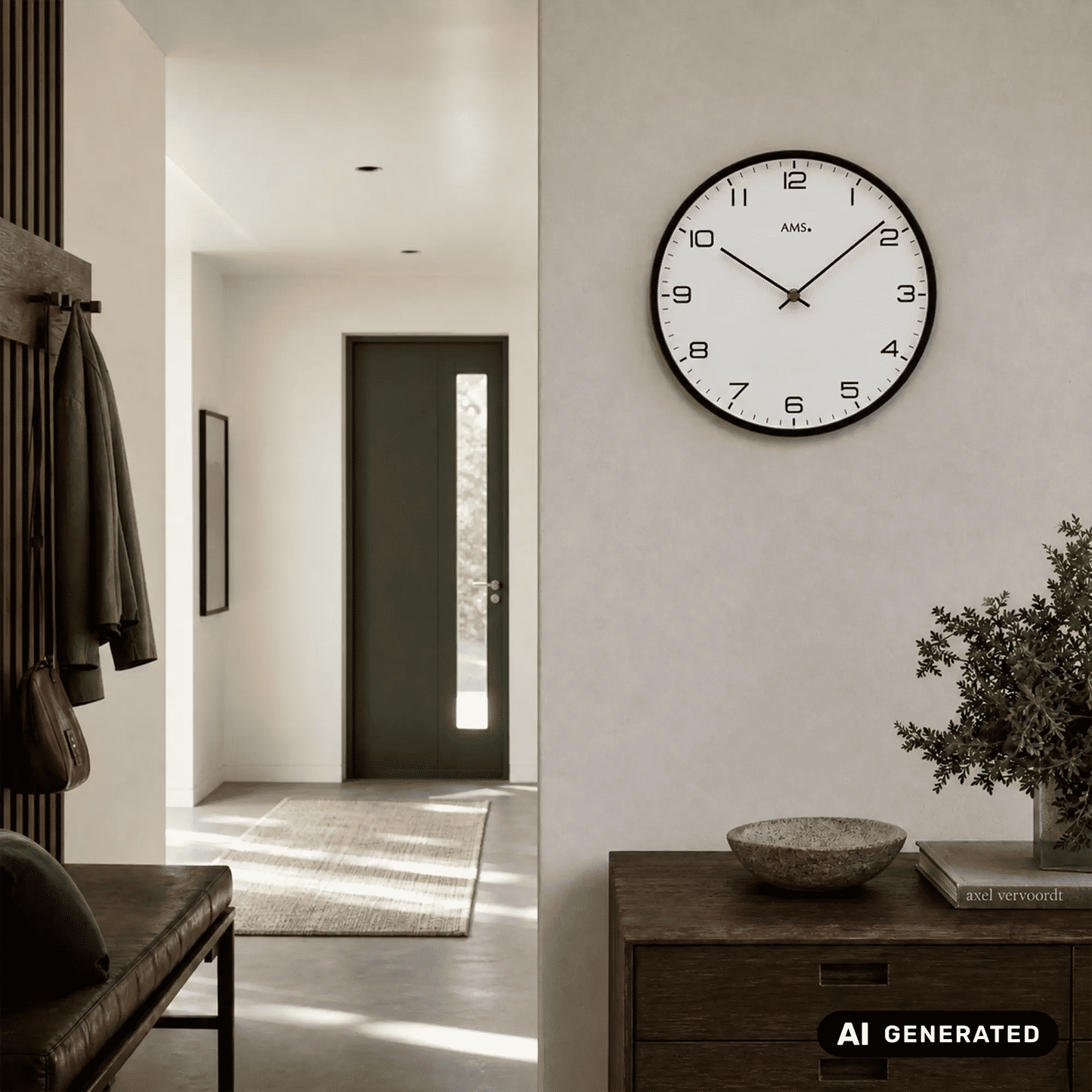 Wanduhr an der Wand mit schwarzem Rand, weißem Zifferblatt, roten Zeigern und AMS.
