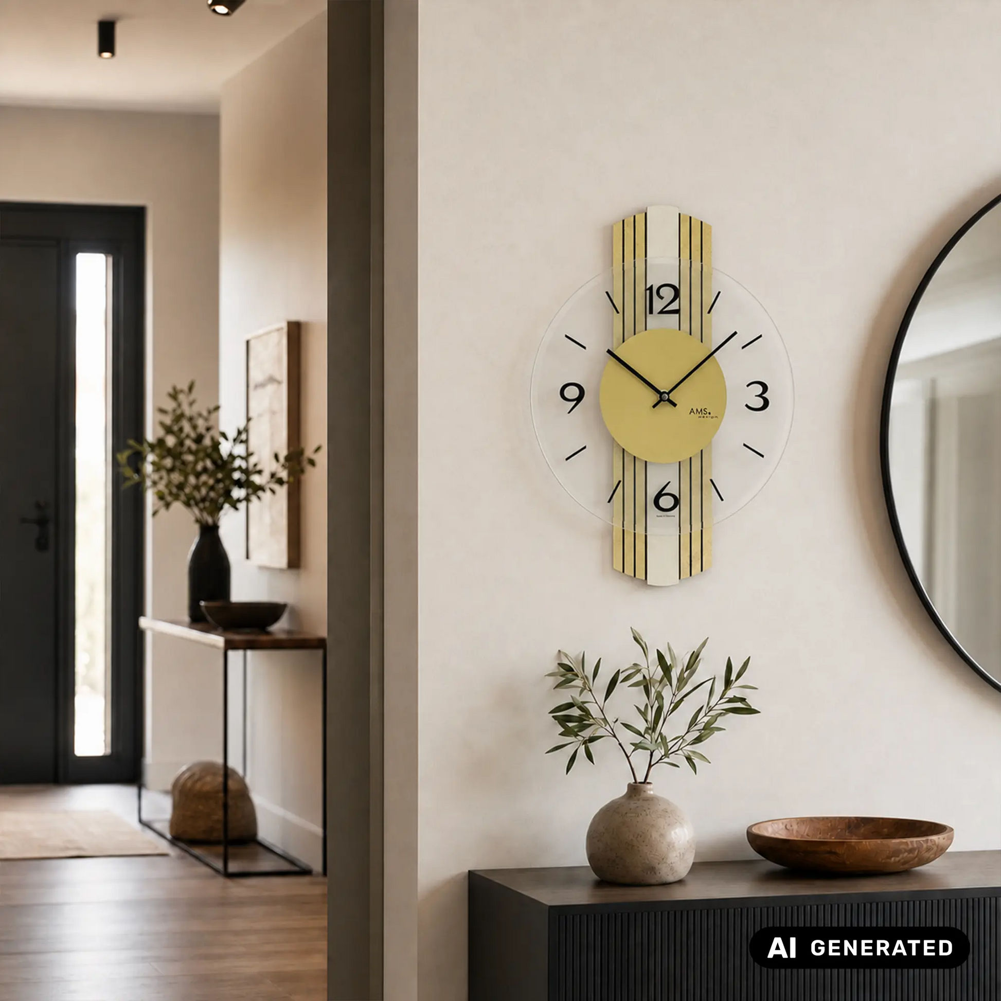 Wanduhr mit gelbem Ziffernblatt und goldfarbenen Holzstreifen am Gehäuse, schwarze Zeiger