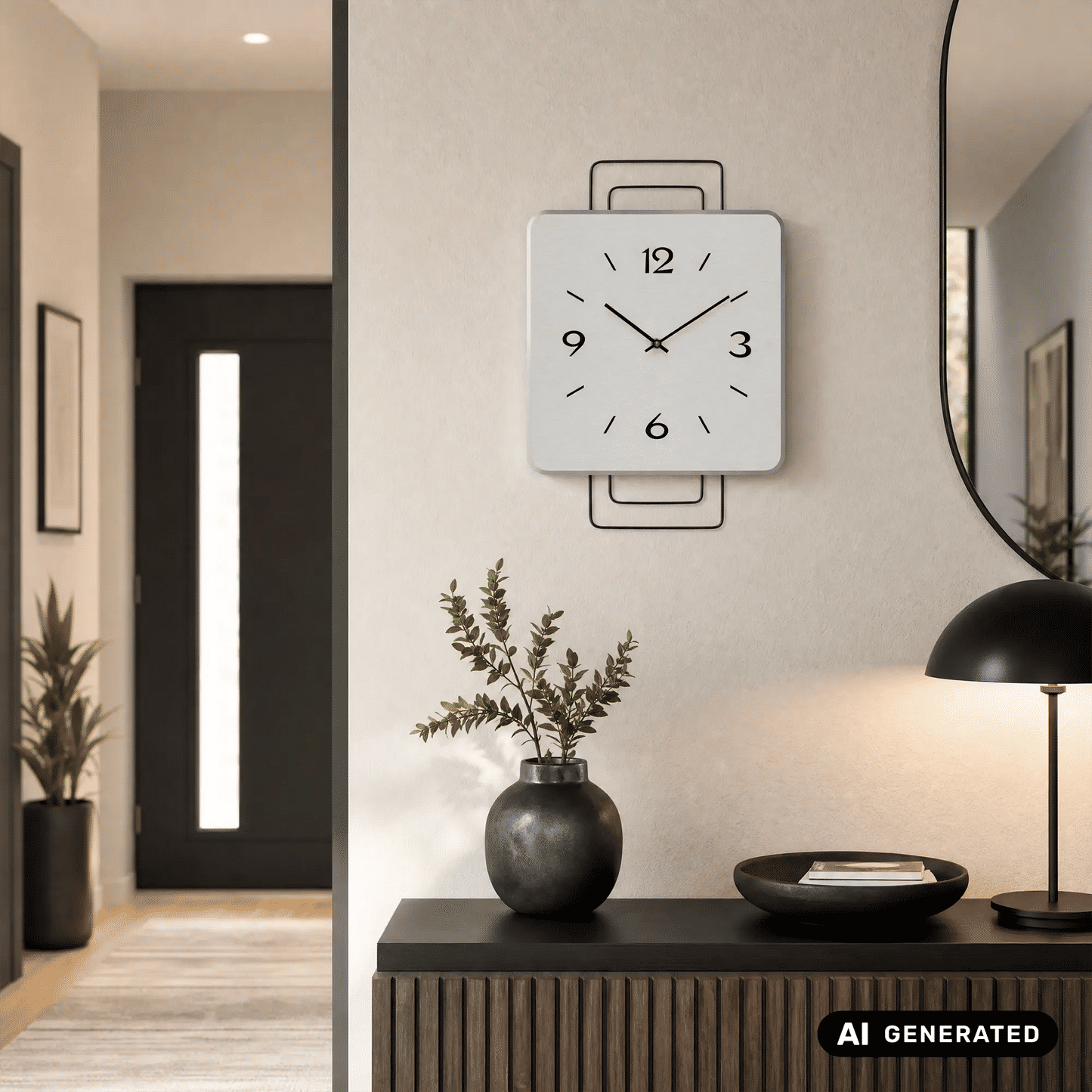 Wanduhr an der Wand mit grauer Front, schwarzen Ziffern und schlanken Zeigern