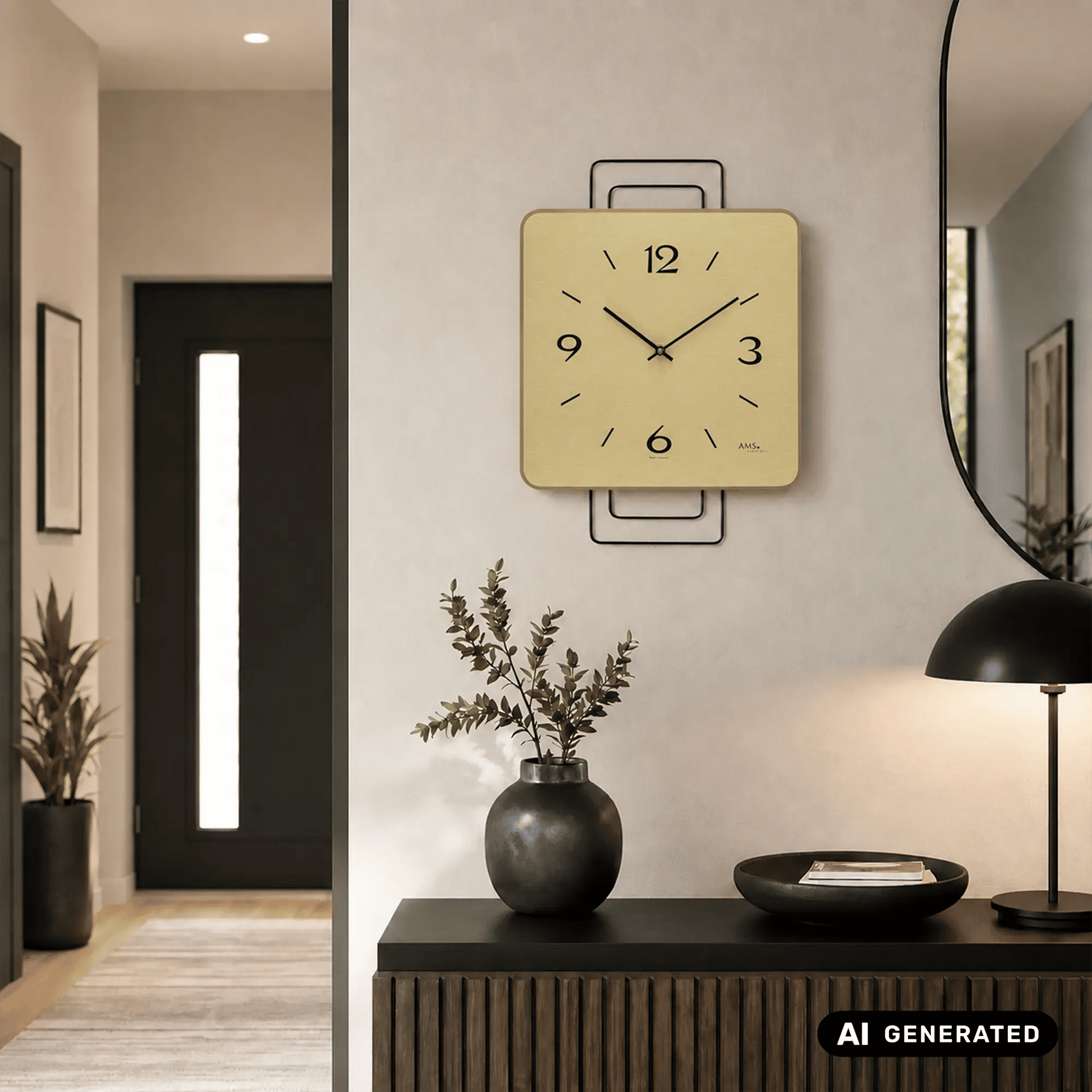 AMS Wanduhr aus Messing mit Metall-Design, quadratisches Ziffernblatt und schwarzen Zeigern