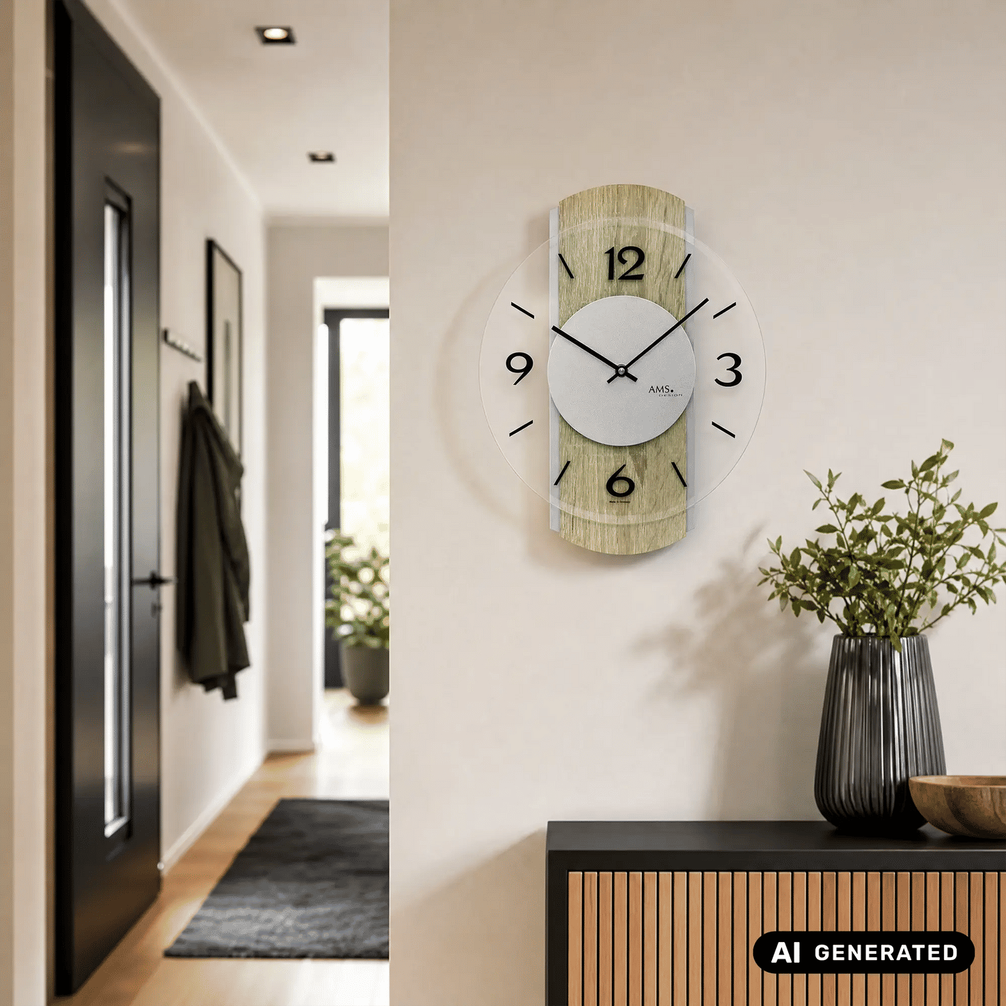Wanduhr an heller Wand: Sonoma-Eiche-Design mit facettiertem Glas, hellgrauem Zifferblatt