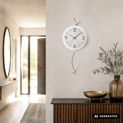 Wanduhr mit weißem Ziffernblatt, Holzgehäuse und Metallzierelement am Pendel