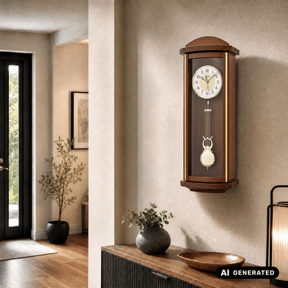 Walnussfarbene Pendelwanduhr mit Funk-Quarzuhr, Glasfront und aufgehängtem Pendel