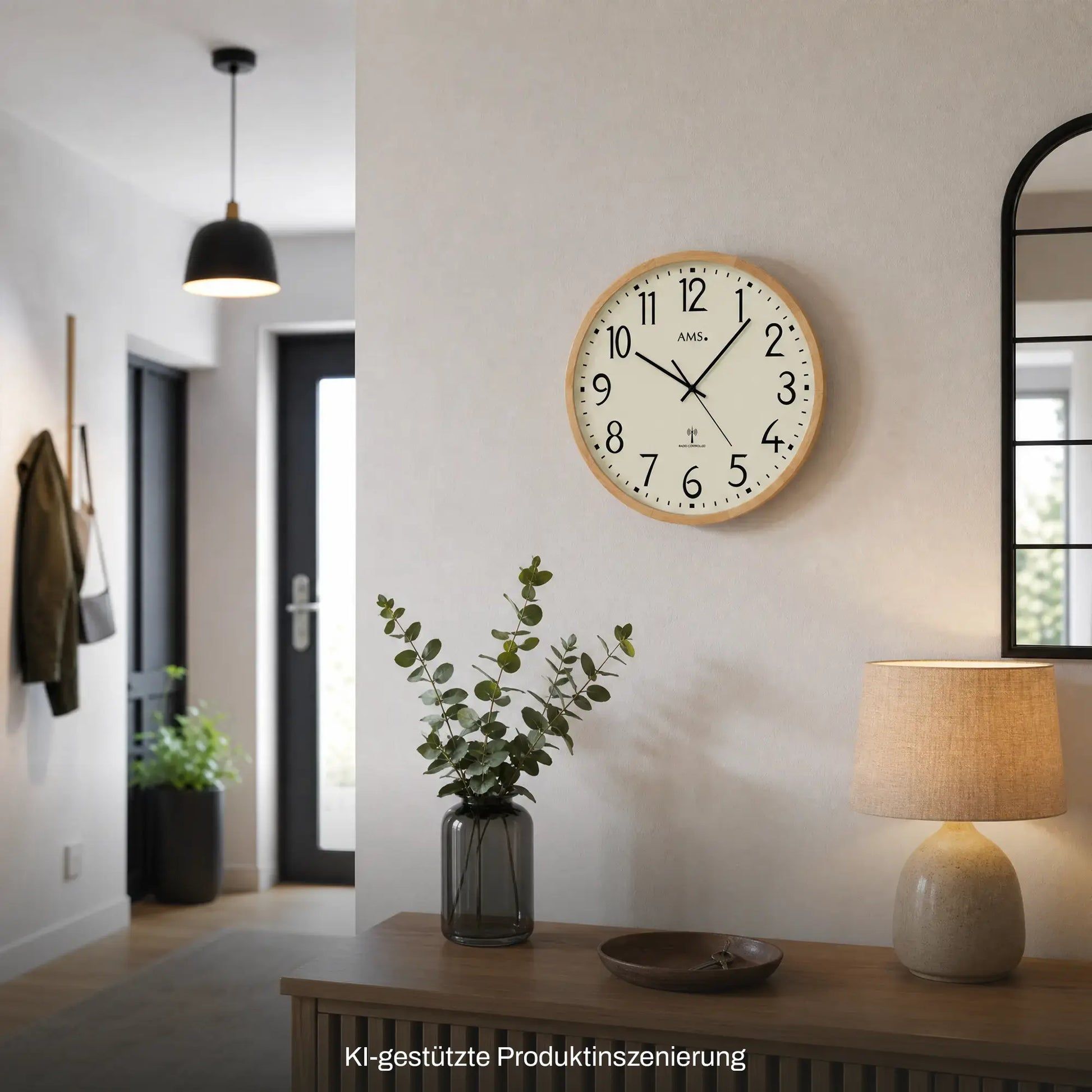 Wanduhr im Runddesign mit beigem Zifferblatt und Buchenholzrand, gut lesbare Ziffern