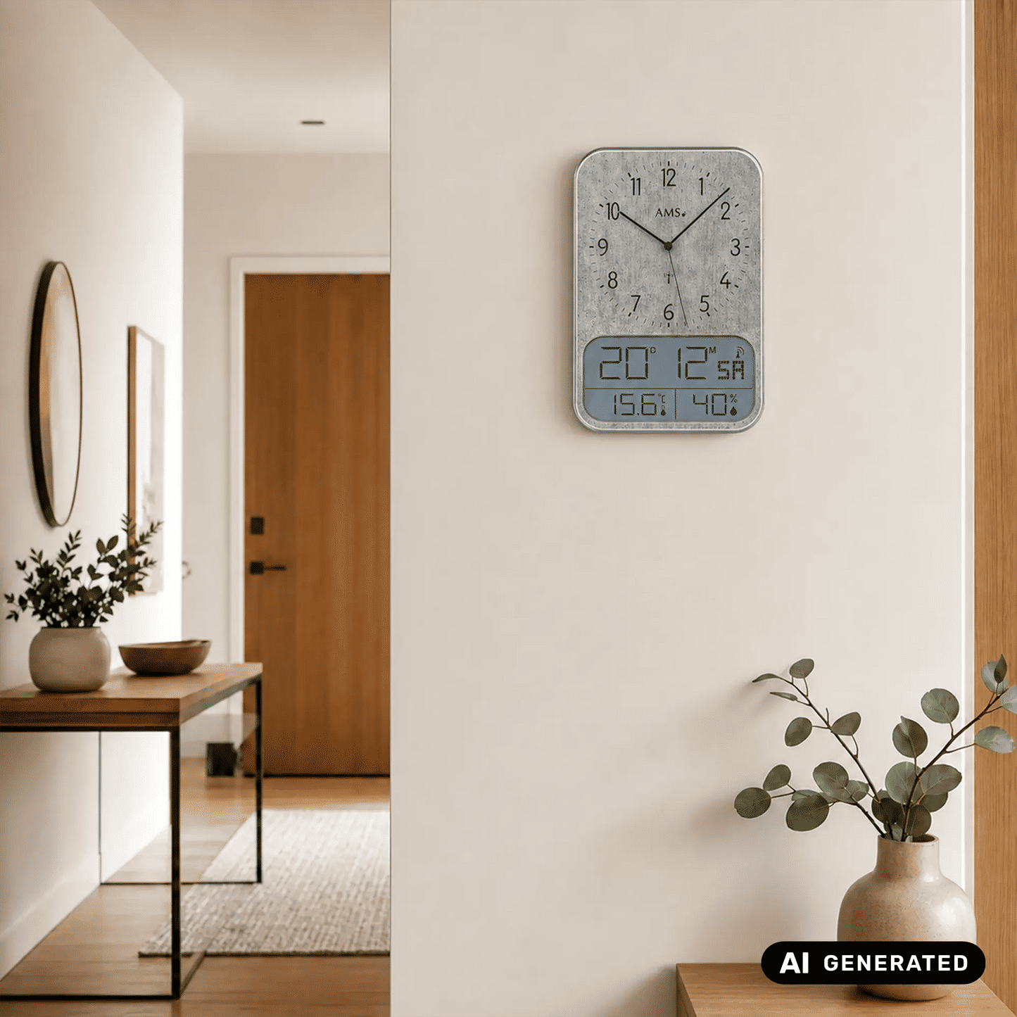 Wanduhr mit Digitaldisplay und analogem Zifferblatt, zeigt Uhrzeit, Temperatur und Luftfeuchtigkeit