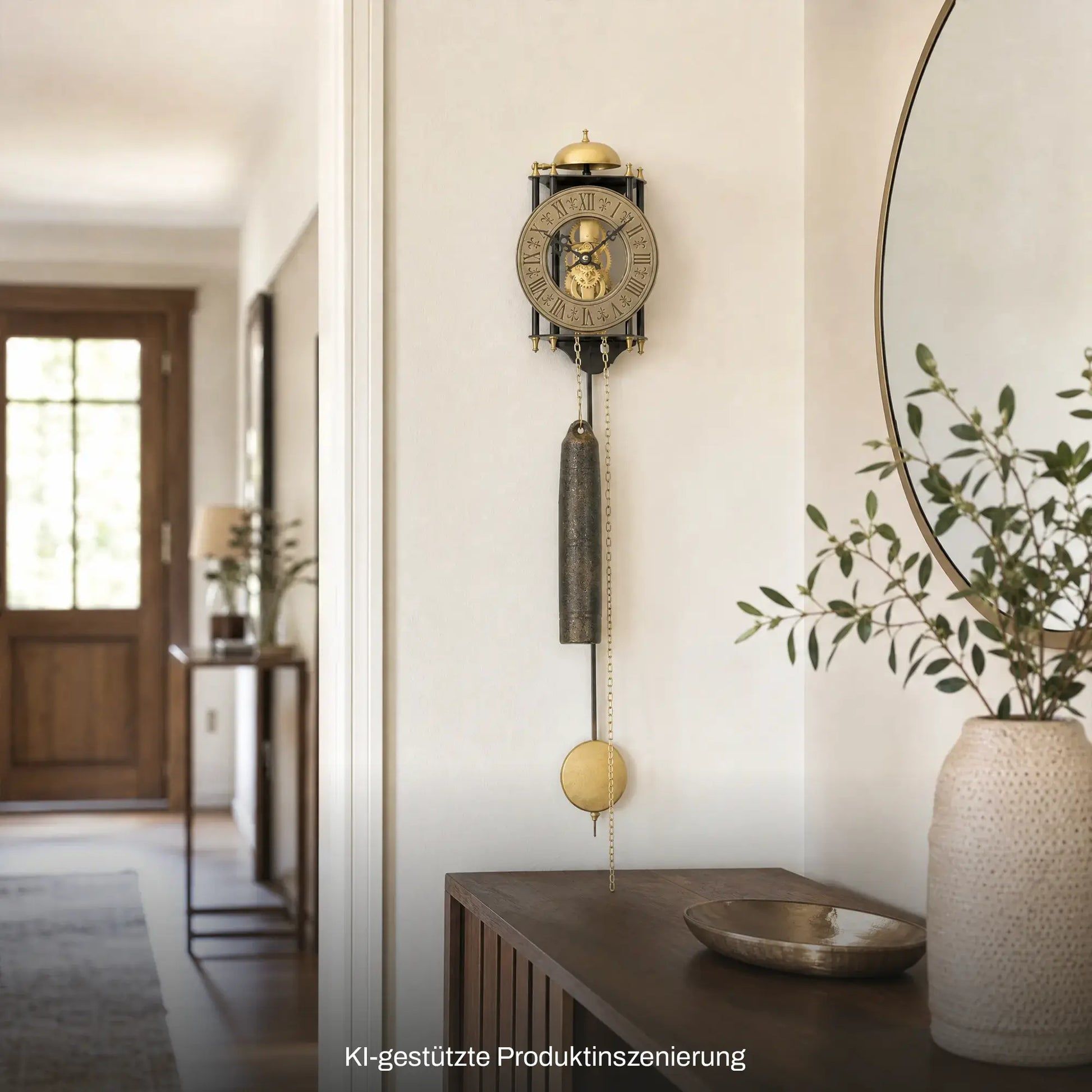 Wanduhr mit rundem goldenem Gehäuse, Pendelgewicht und langer Kordel