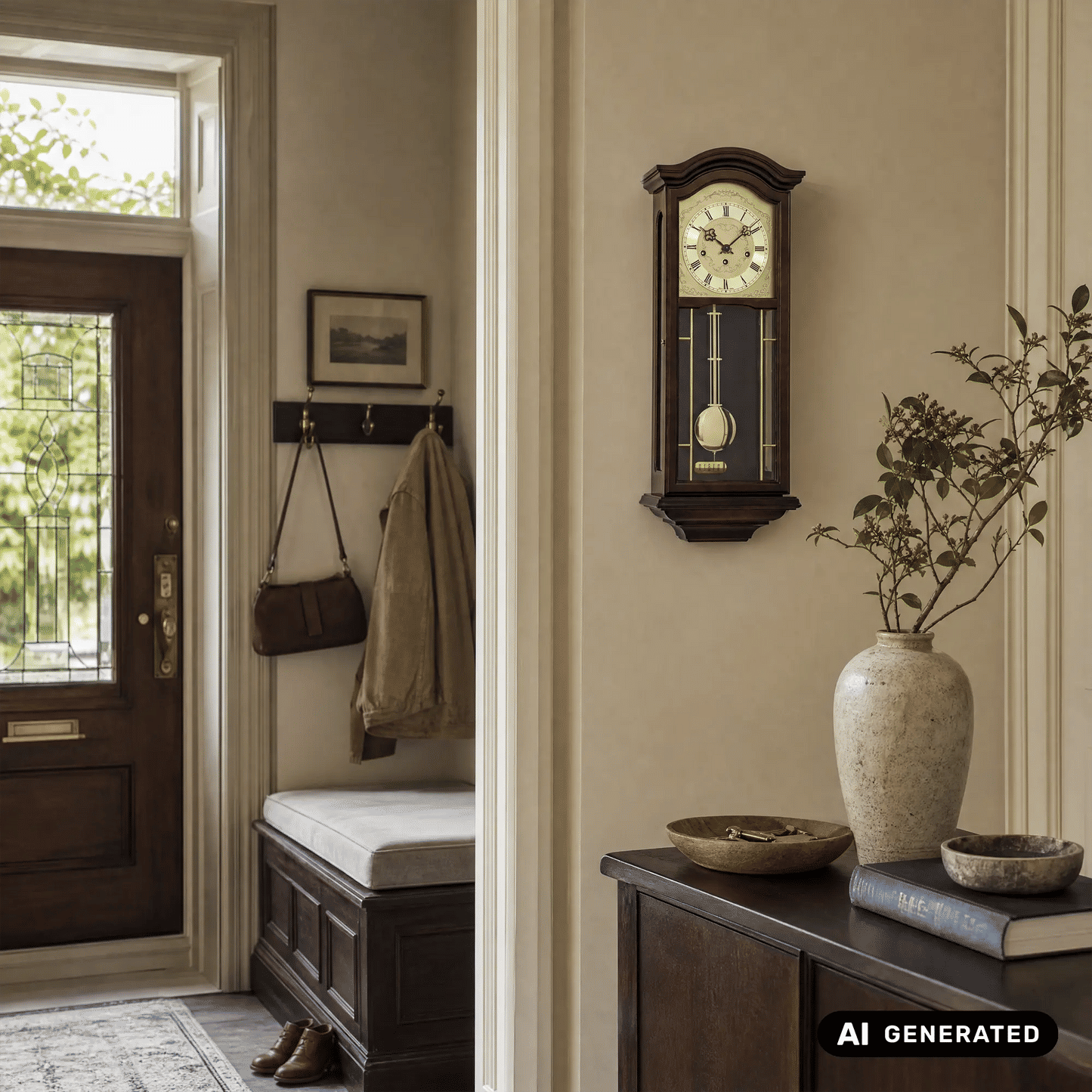 An der Wand montierte Nussbaum-Wanduhr mit Glasfront und Pendel