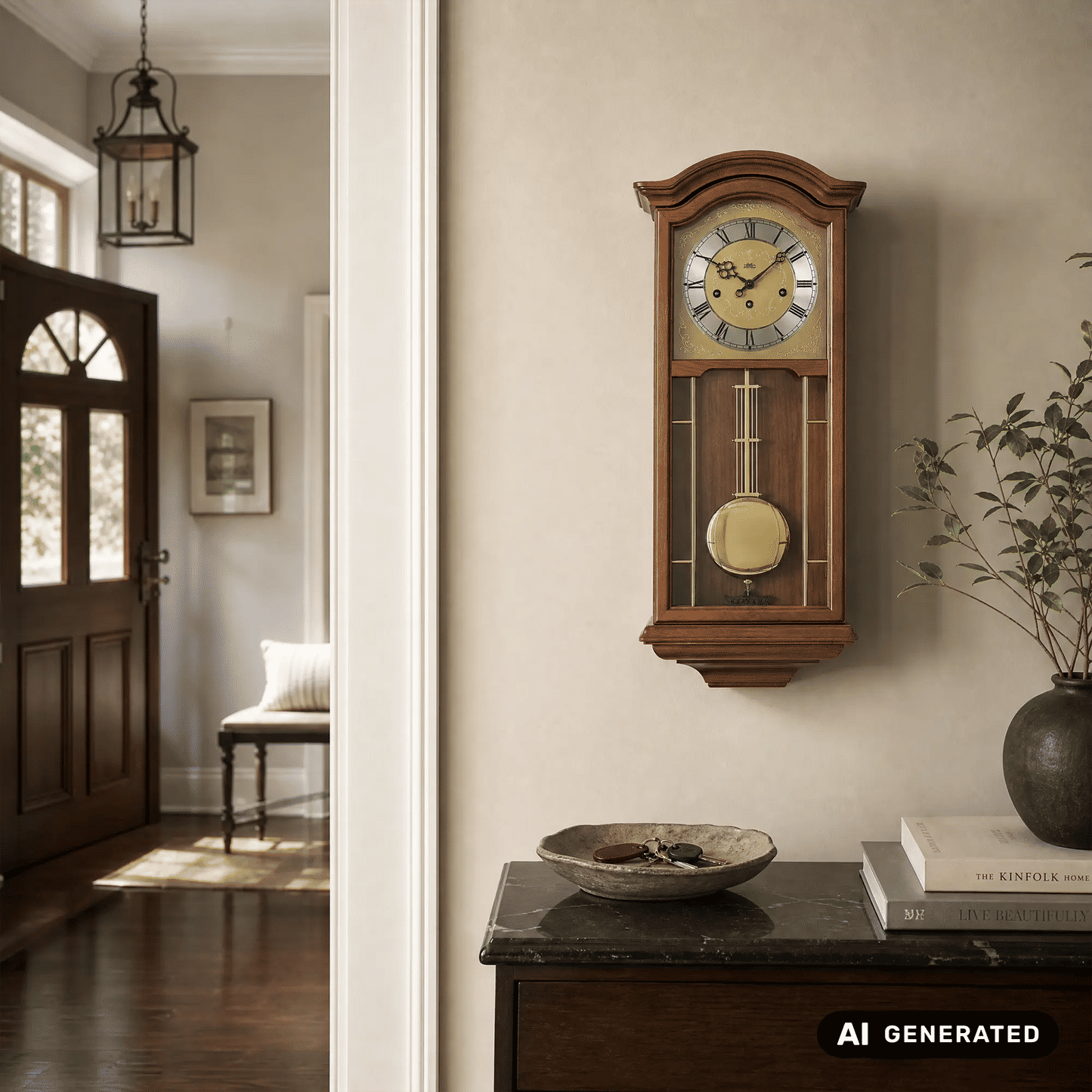 Wanduhr mit Holzgehäuse und Zifferblatt über goldenem Pendelgewicht