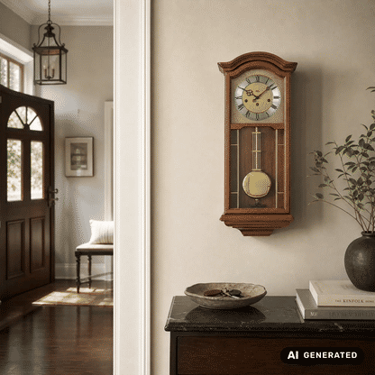 Wanduhr mit Holzgehäuse und Zifferblatt über goldenem Pendelgewicht