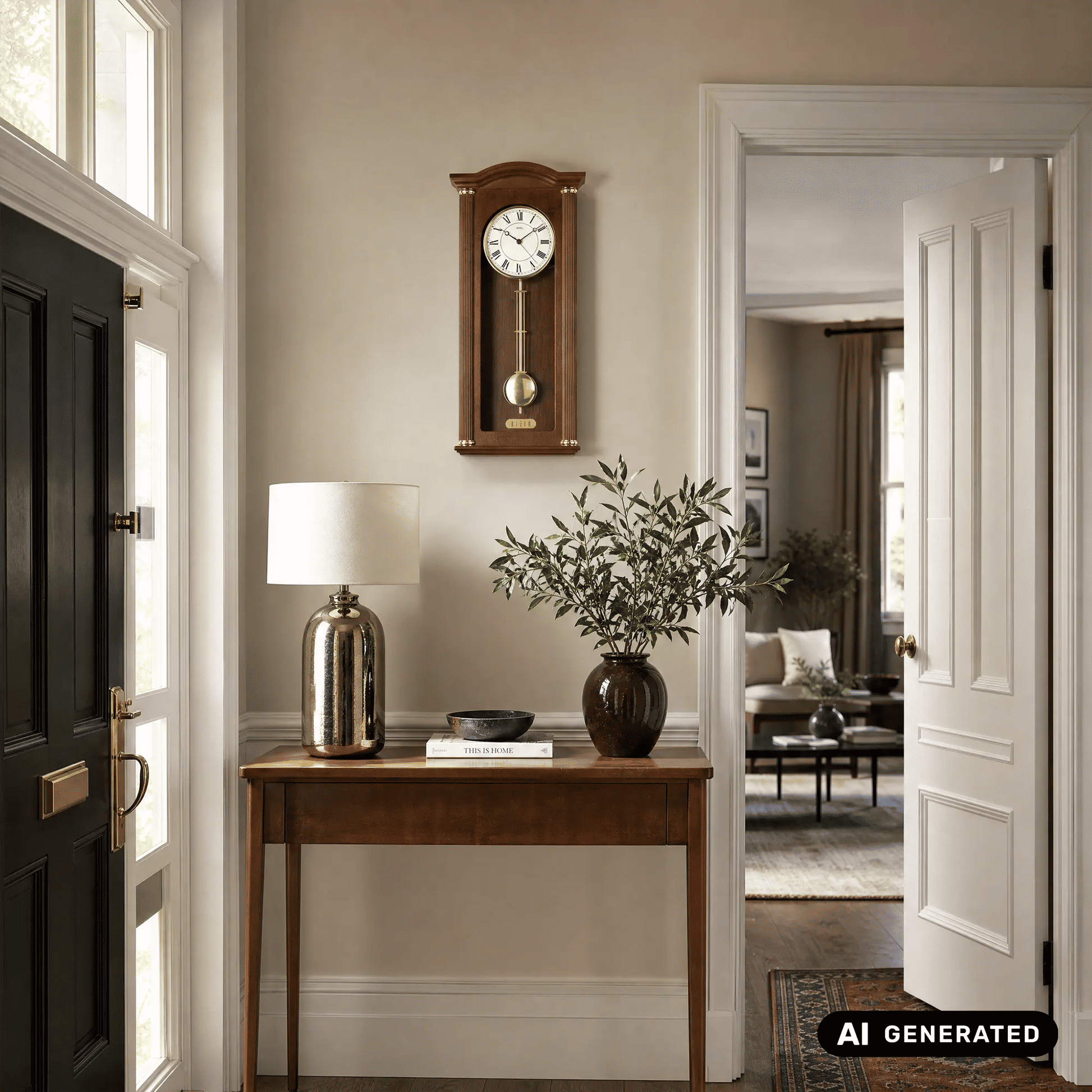 Nussbaum-Regulator-Wanduhr an der Wand mit Pendel und Messinggewichten