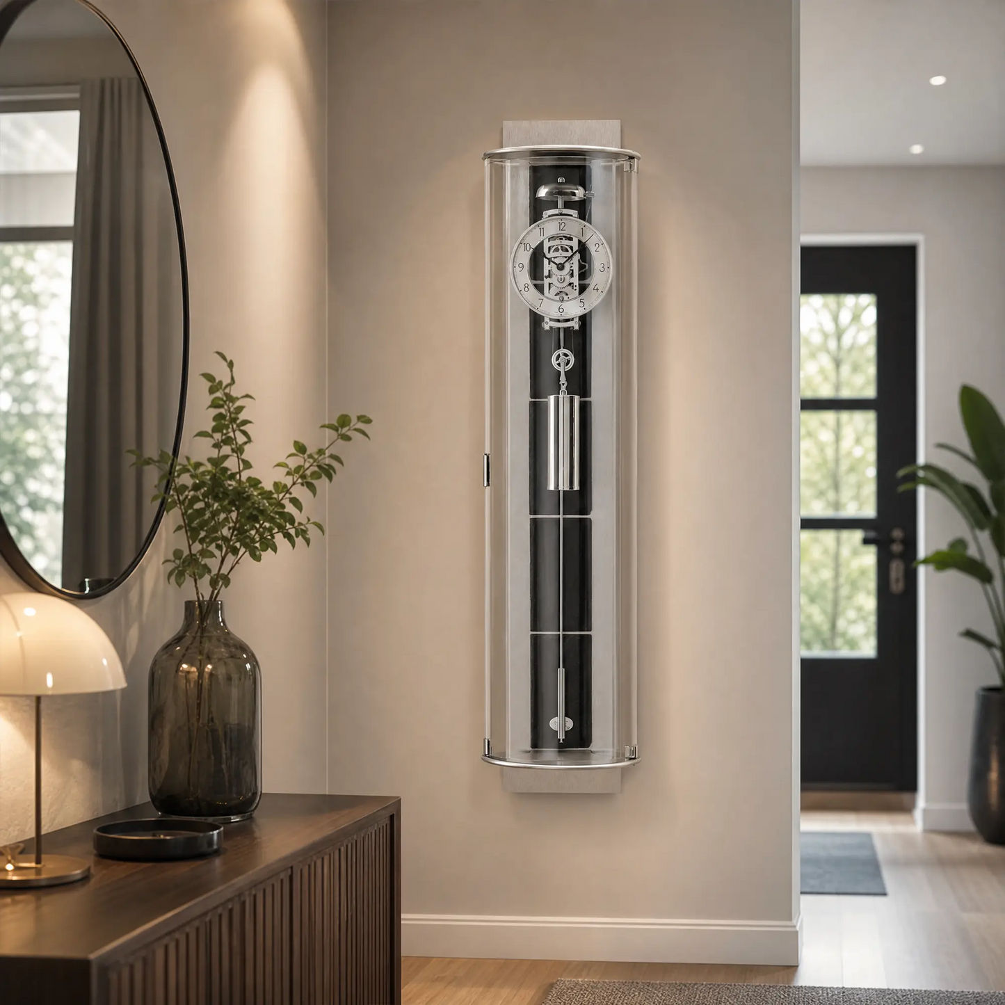 Wall clock on the wall, transparent cylinder with mechanical cable pull mechanism